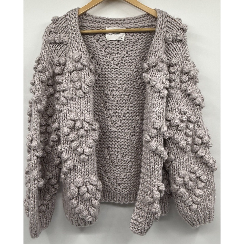 Chic Wish Knit Your Love Cardigan Lavender Gray Popcorn Hearts L/XL Wool NWT
